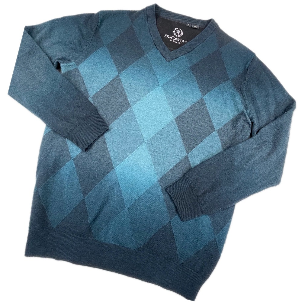 Mens PulloverBugatchi Uomo Sweater S Blue Argyle 100% Merino Wool Knit Luxury
